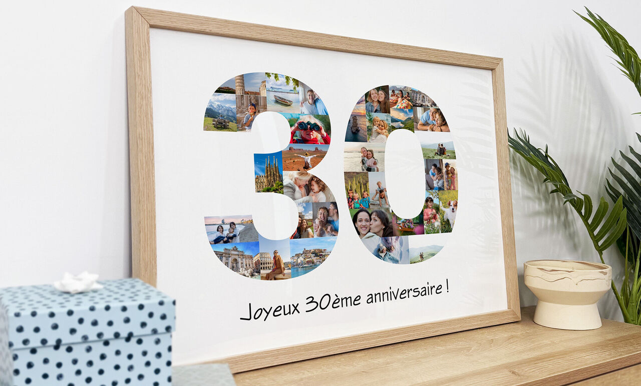 Affiche anniversaire personnalisée avec mosaïque de photos formant le nombre 30 dans un cadre en bois