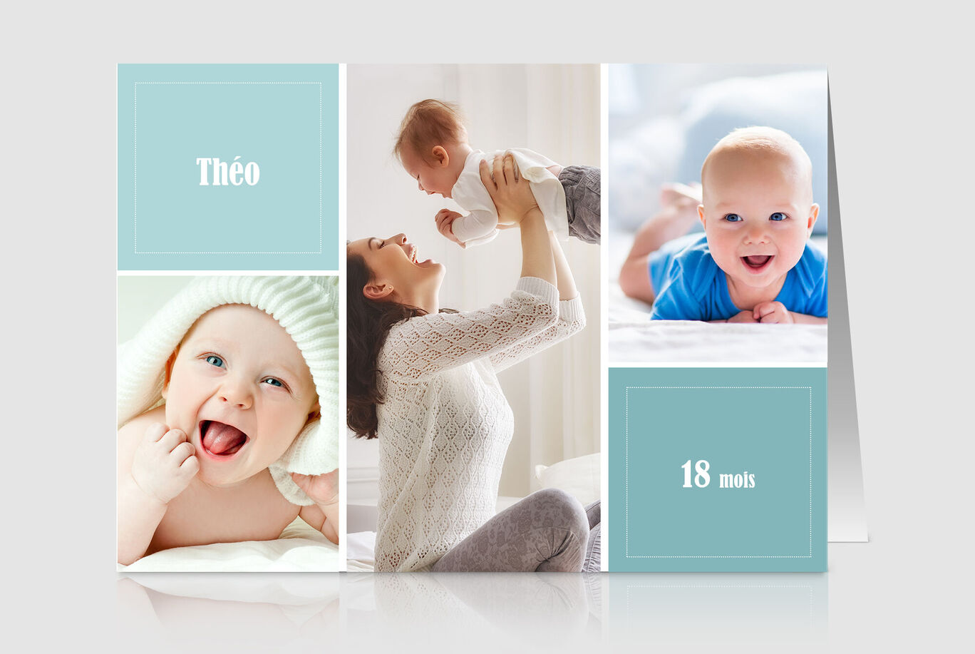 Une mère fière soulève son bébé, tandis que d'autres photos de bébés sont disposées en haut de l'image.