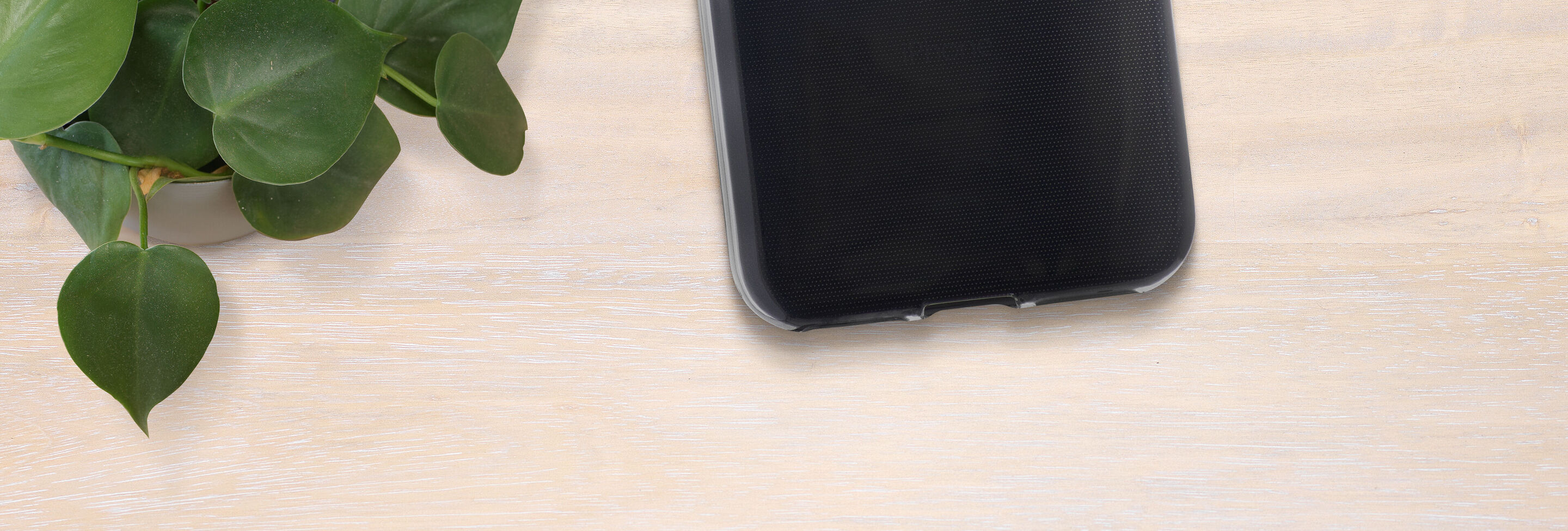 Smartphone noir brillant sur une table en bois clair avec feuille de plante en arrière-plan