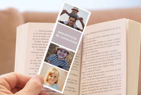 Marque-page avec photos de vacances dans un livre