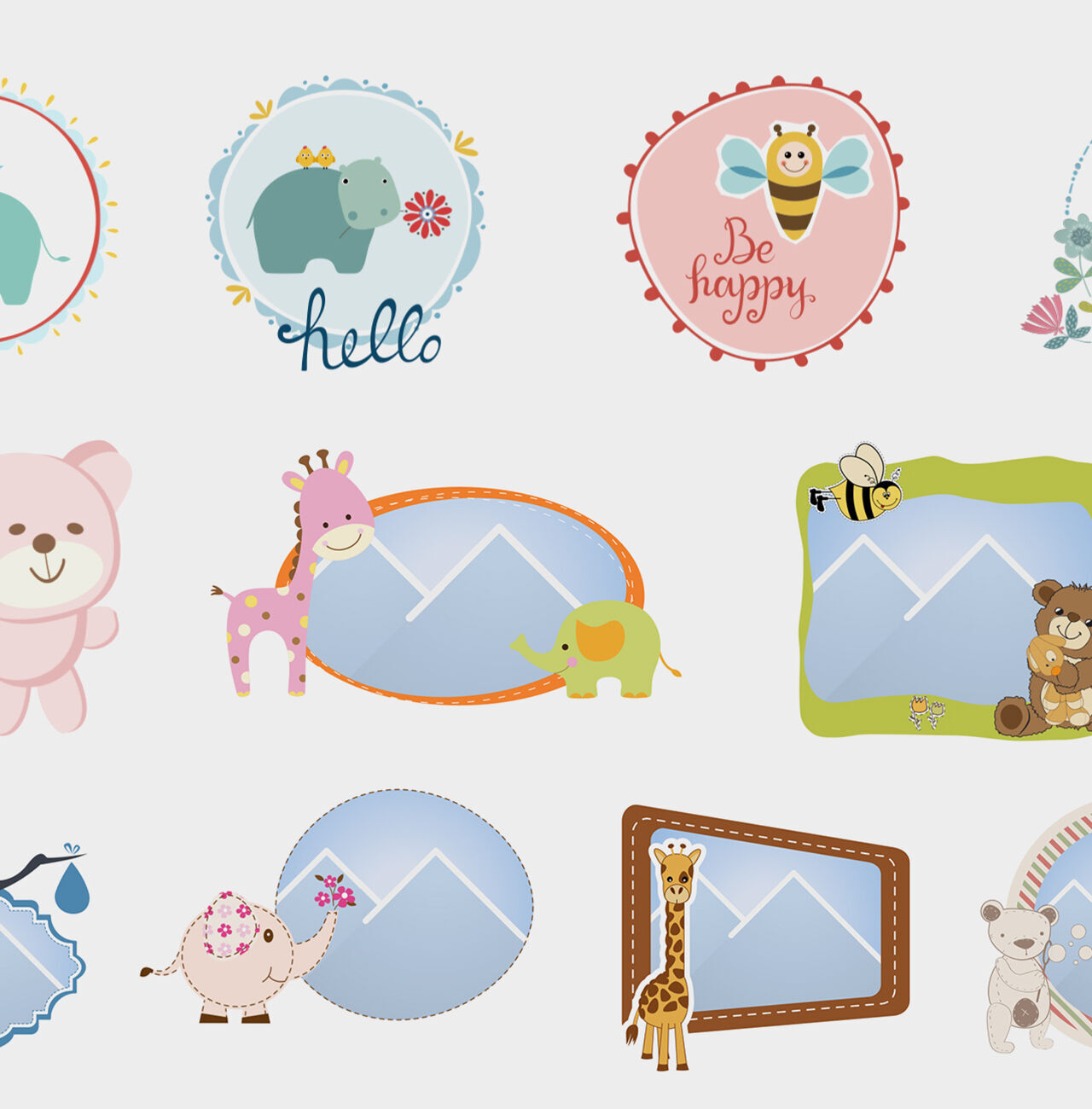 Motif de vacances avec des esquisses d'animaux colorés pour cadre photo, comme ours, girafe, éléphant et autres.