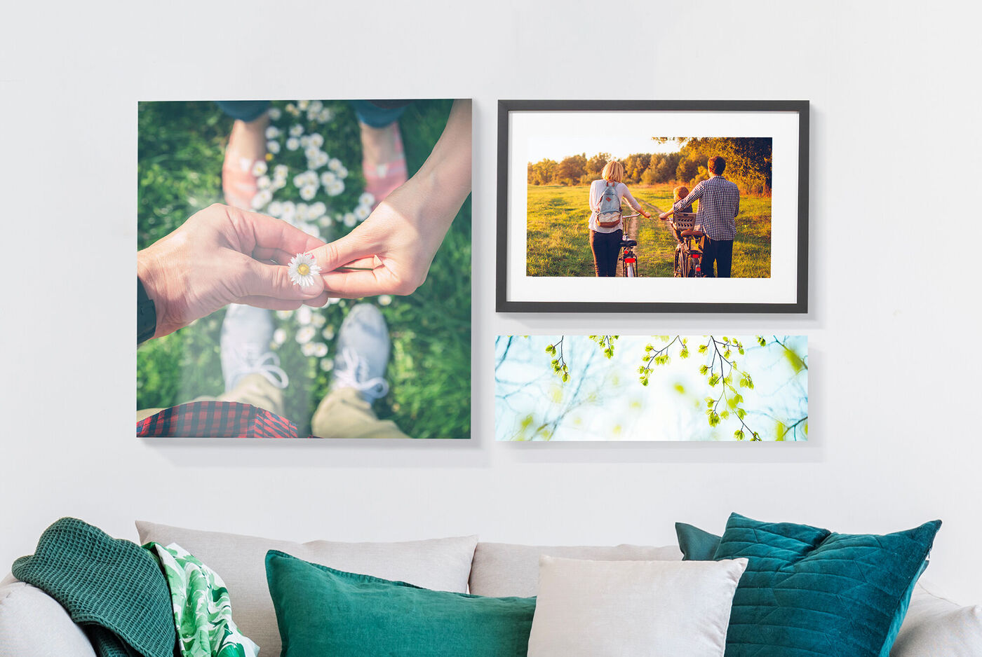 Deux images sur un mur avec un doux fond vert.