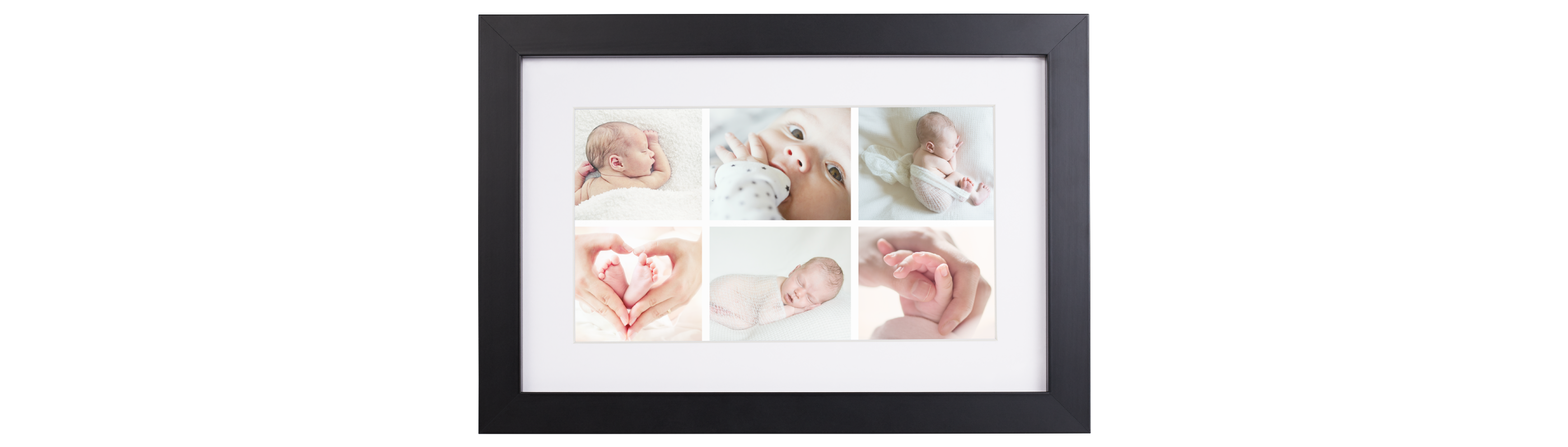 Six photos de bébés soigneusement arrangées dans un cadre noir.