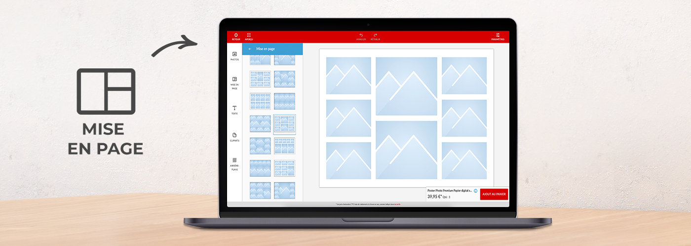 Un ordinateur portable montre la fonction de mise en page des albums photo dans le logiciel CEWE.