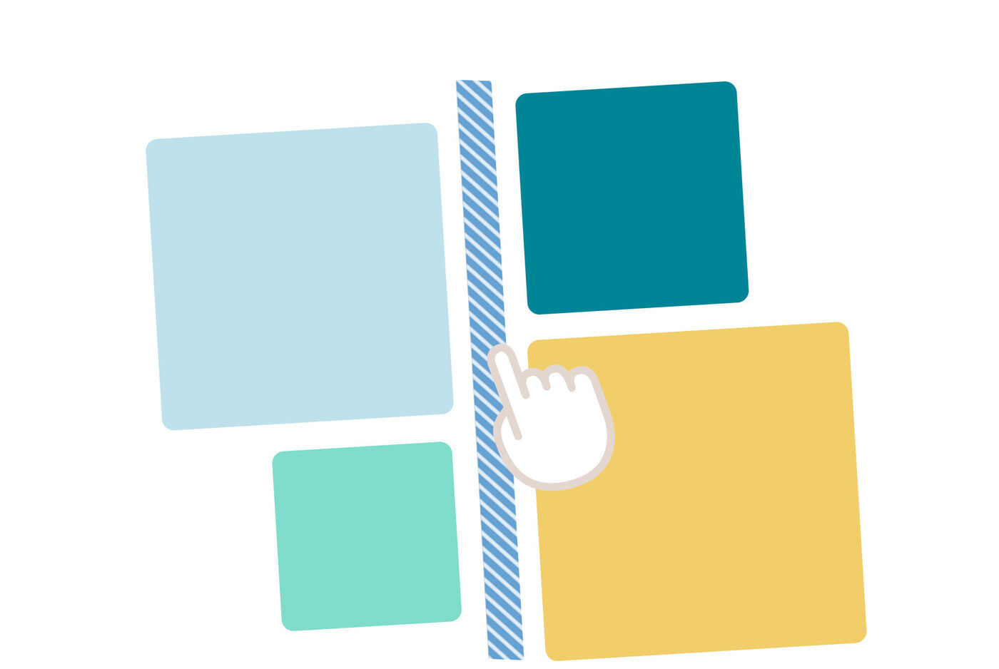 Quatre rectangles colorées alignés avec un repère vertical et une main, illustrant l’alignement facile des images