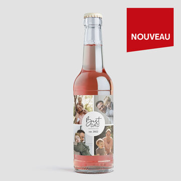 Bouteille avec une étiquette personnalisée 'Meilleur Papa' avec des photos et un fond blanc