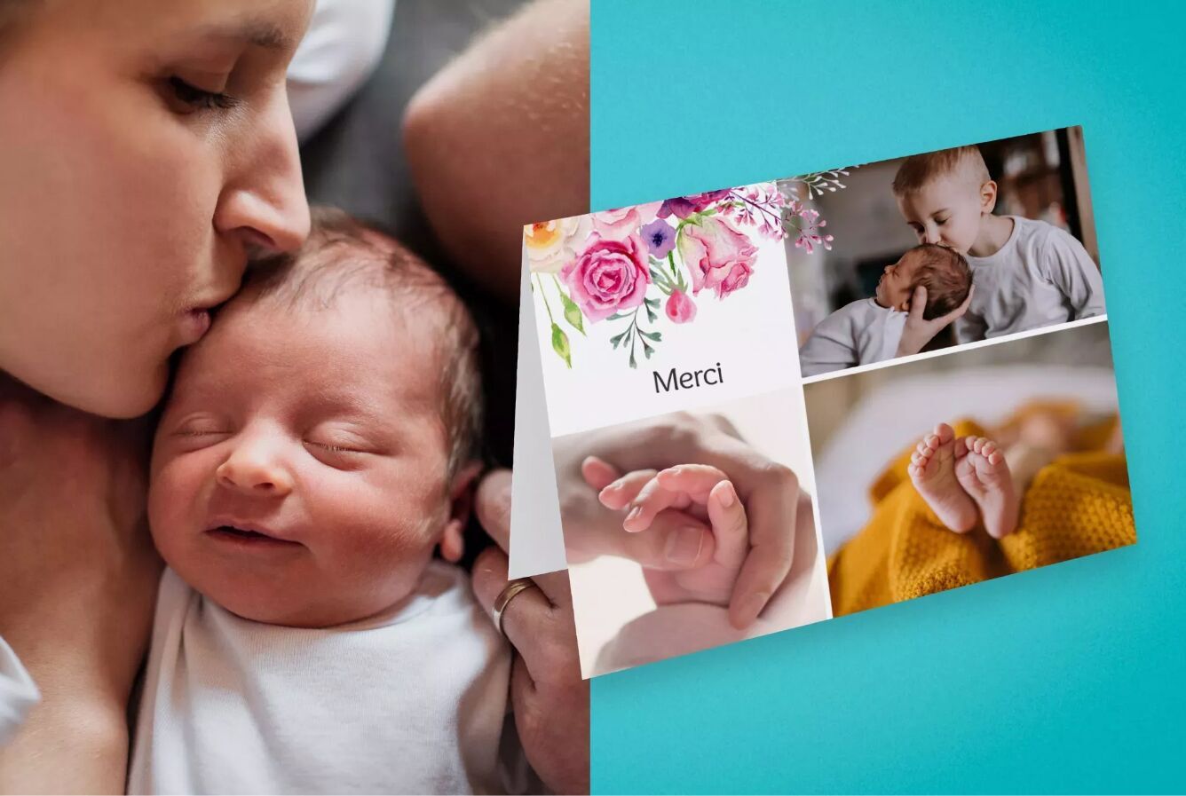 Une belle collage photo d'un bébé avec l'inscription 'Merci'.
