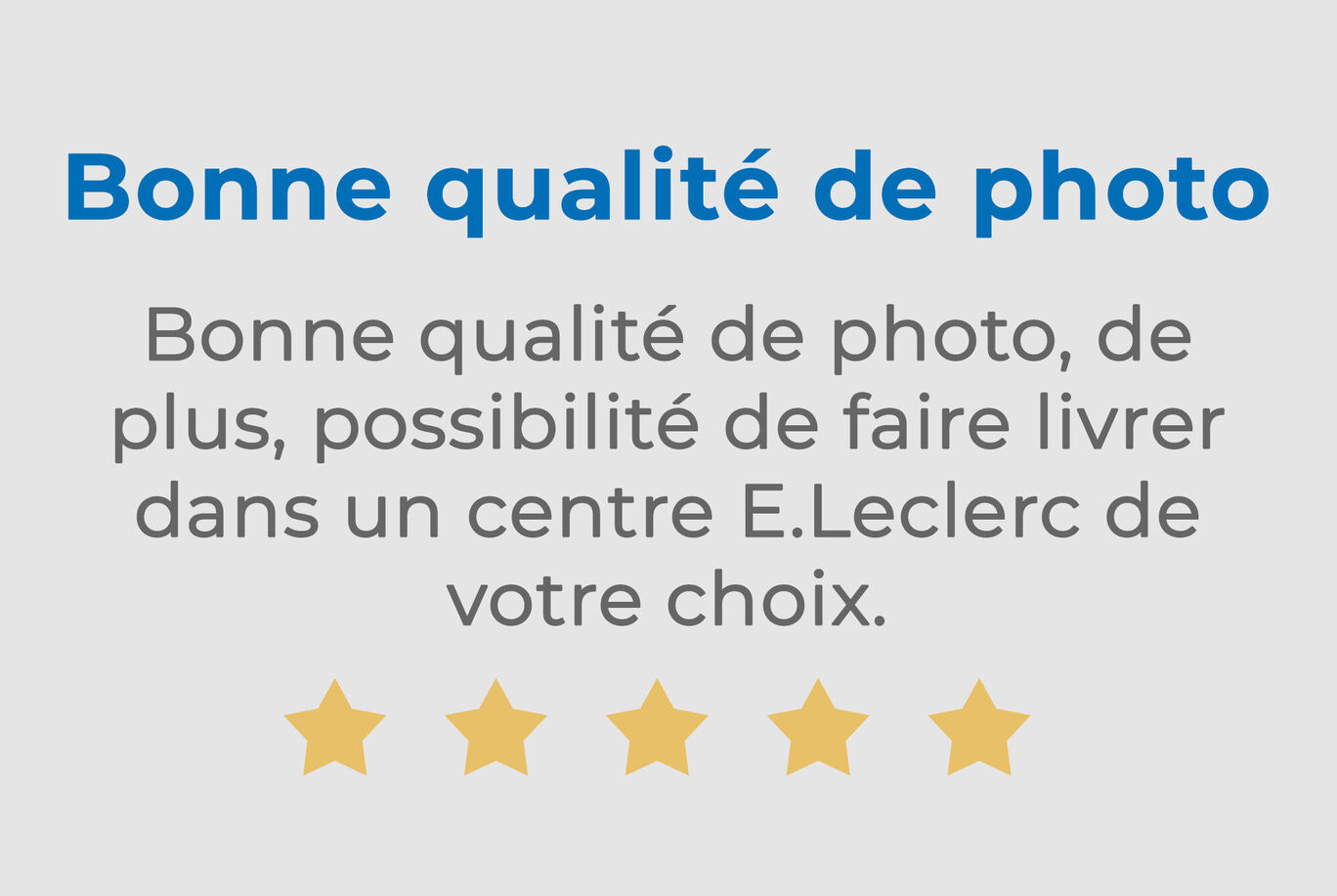 Évaluation d'une qualité photo avec cinq étoiles et texte sur les options de livraison.