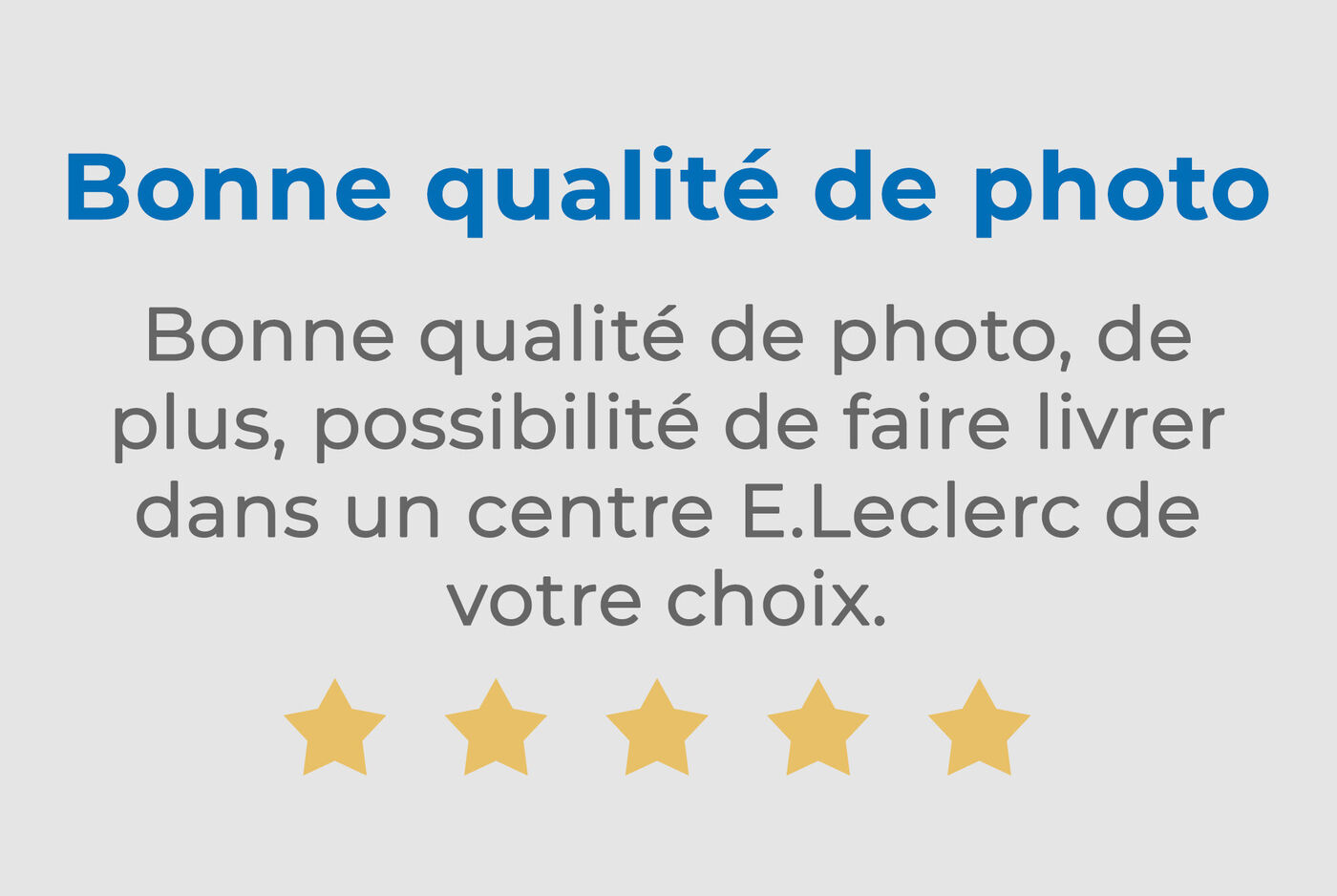 Évaluation d'une qualité photo avec cinq étoiles et texte sur les options de livraison.