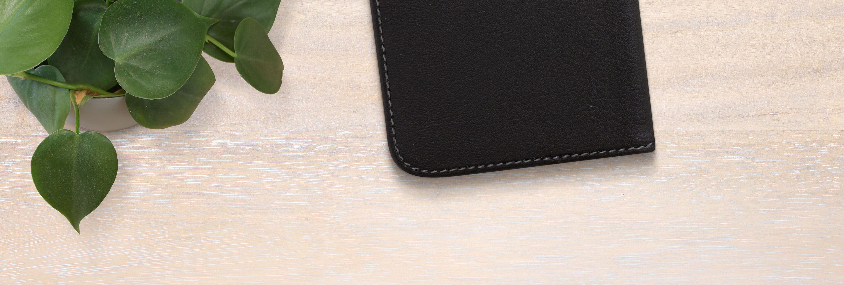 Un carnet noir sur une table claire avec une plante verte à côté.