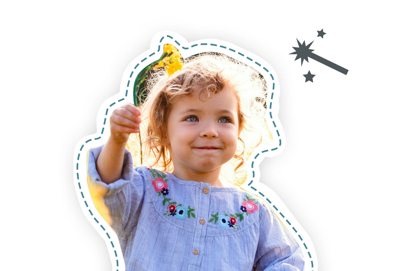 Portrait détouré d’un enfant avec baguette magique, illustrant les outils de retouche et d’optimisation photo