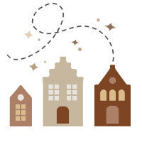 Trois maisons stylisées et colorées symbolisant joie et créativité