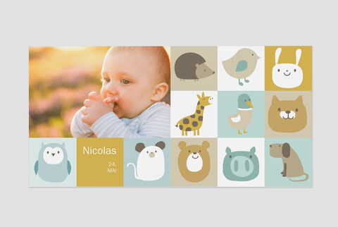 Cartes de vœux colorées avec des motifs d'animaux, personnalisées avec le nom Nicolas.