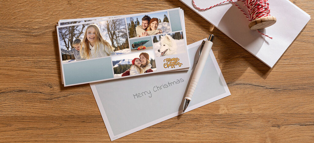 Carte de Noël humoristique personnalisée avec photos et texte manuscrit.