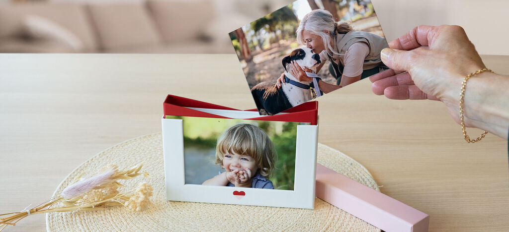 Une personne montre une photo d'un chien dans un petit livre photo, entouré de souvenirs d'amour et personnels.