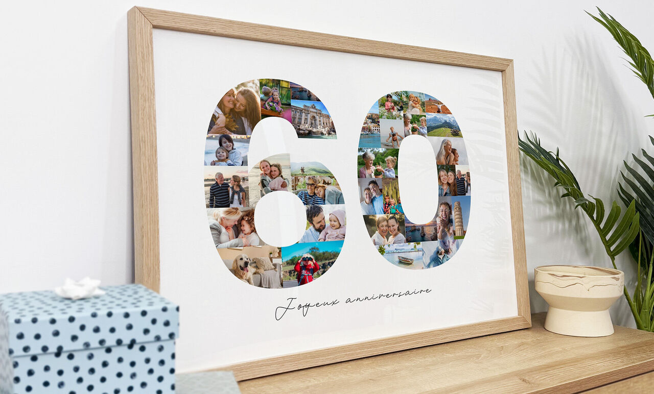 Affiche anniversaire personnalisée avec mosaïque de photos formant le nombre 60 dans un cadre en bois