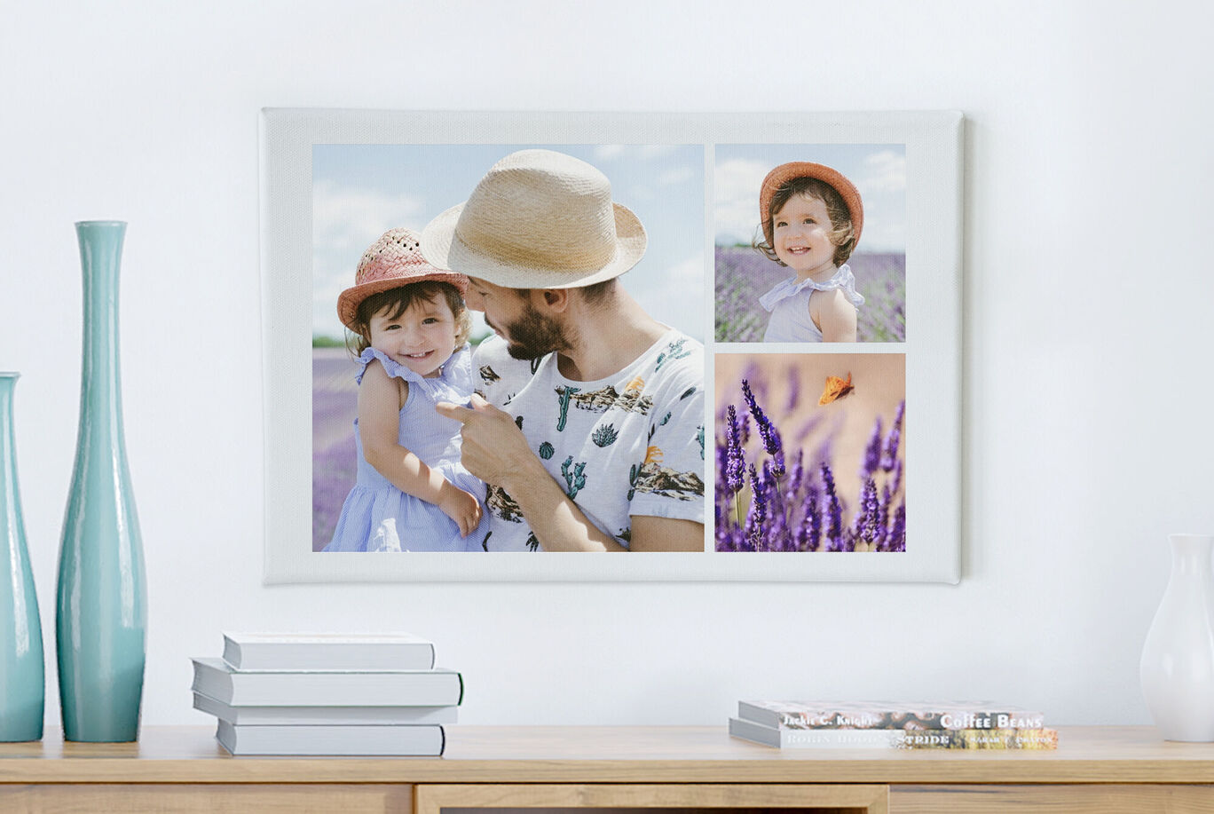 Une belle toile avec des photos de famille dans un champ de lavande, un moment joyeux entre parents et enfant.