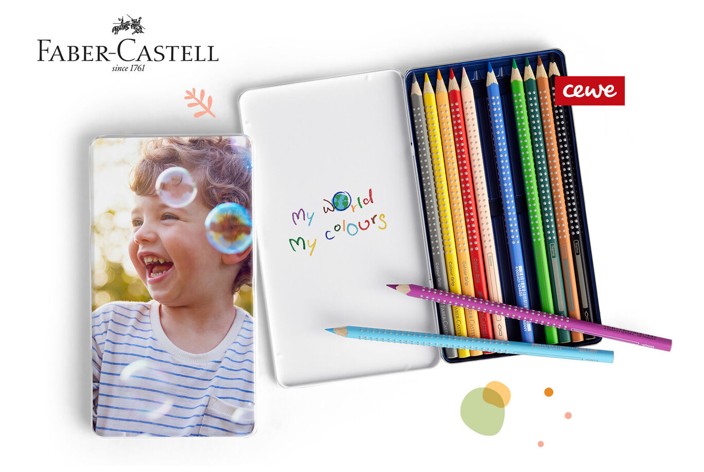 Des crayons de couleur et une trousse personnalisée de Faber-Castell pour des moments créatifs.
