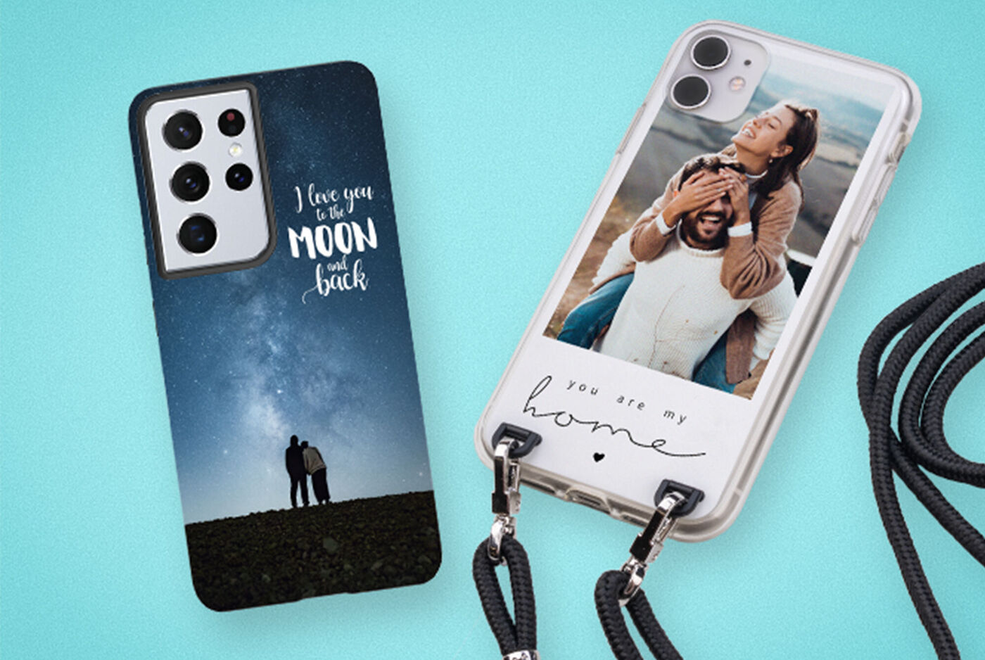 Coques de téléphone avec des designs personnalisés, une avec nuit étoilée et texte, une autre montre un couple avec cordon.