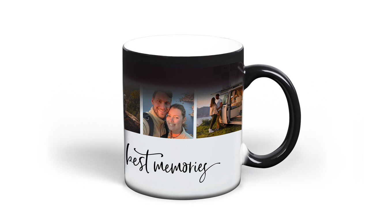 Tasse noire avec photos et inscription "meilleurs souvenirs"