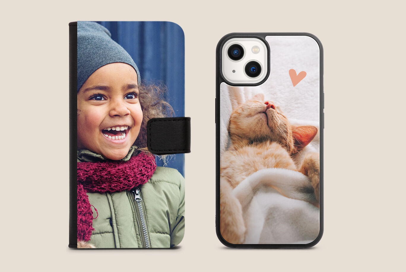 Coques de téléphone avec designs variés, une avec un chat endormi et une grise avec un cœur rose.