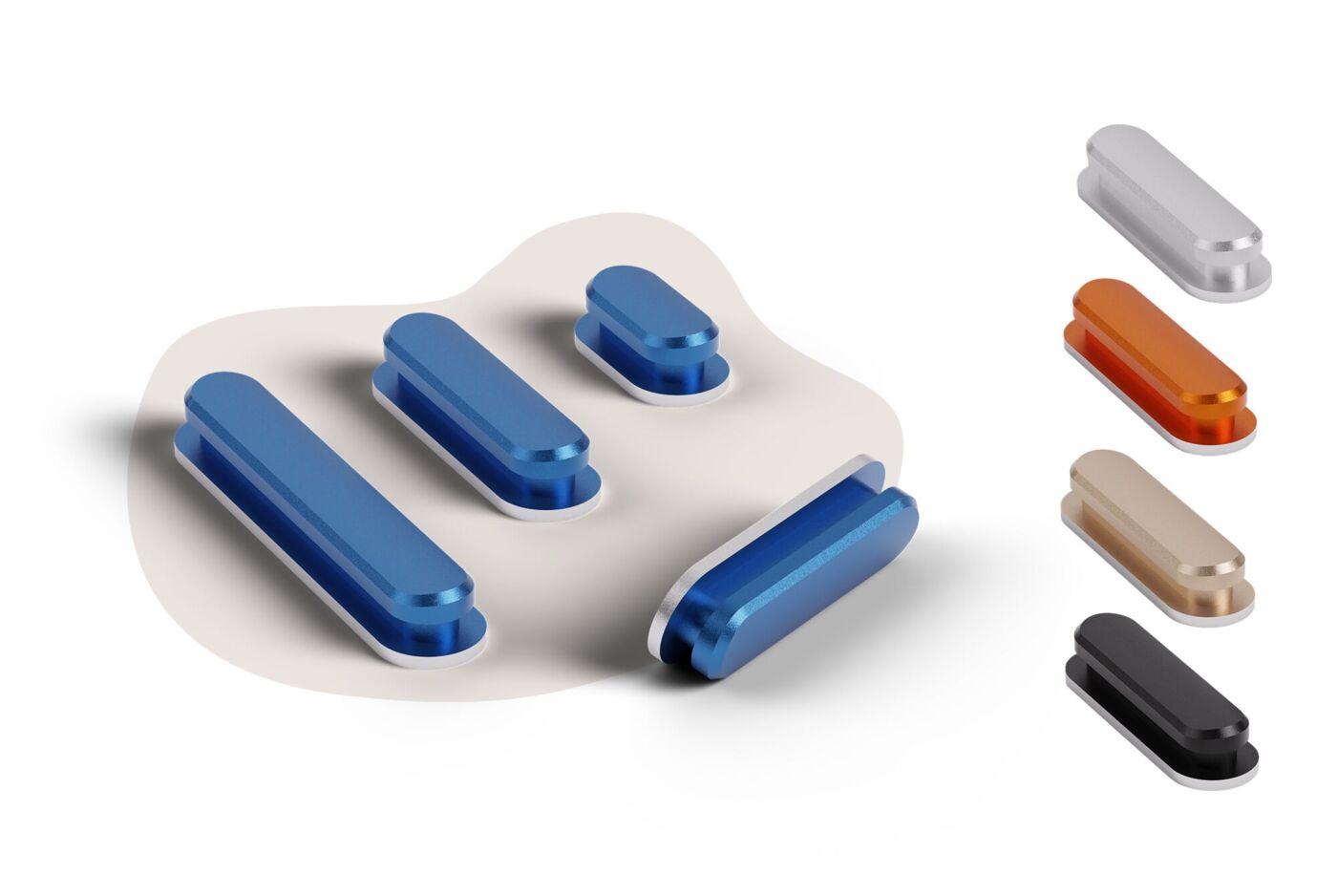 Boutons latéraux de téléphone bleus avec quatre coloris alternatifs