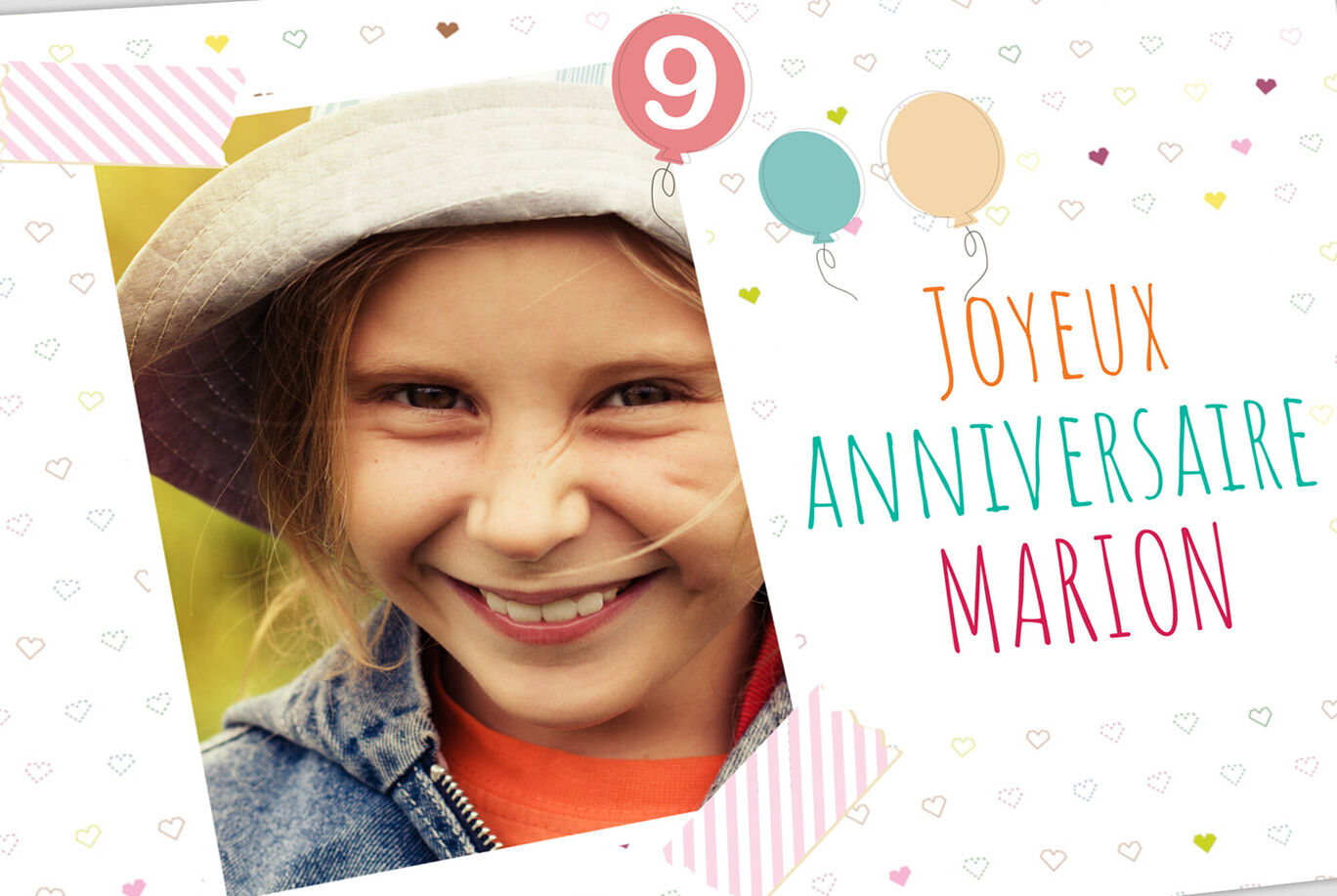 Carte d'anniversaire colorée avec confettis et ballons, disant 'Joyeux Anniversaire Marion'.