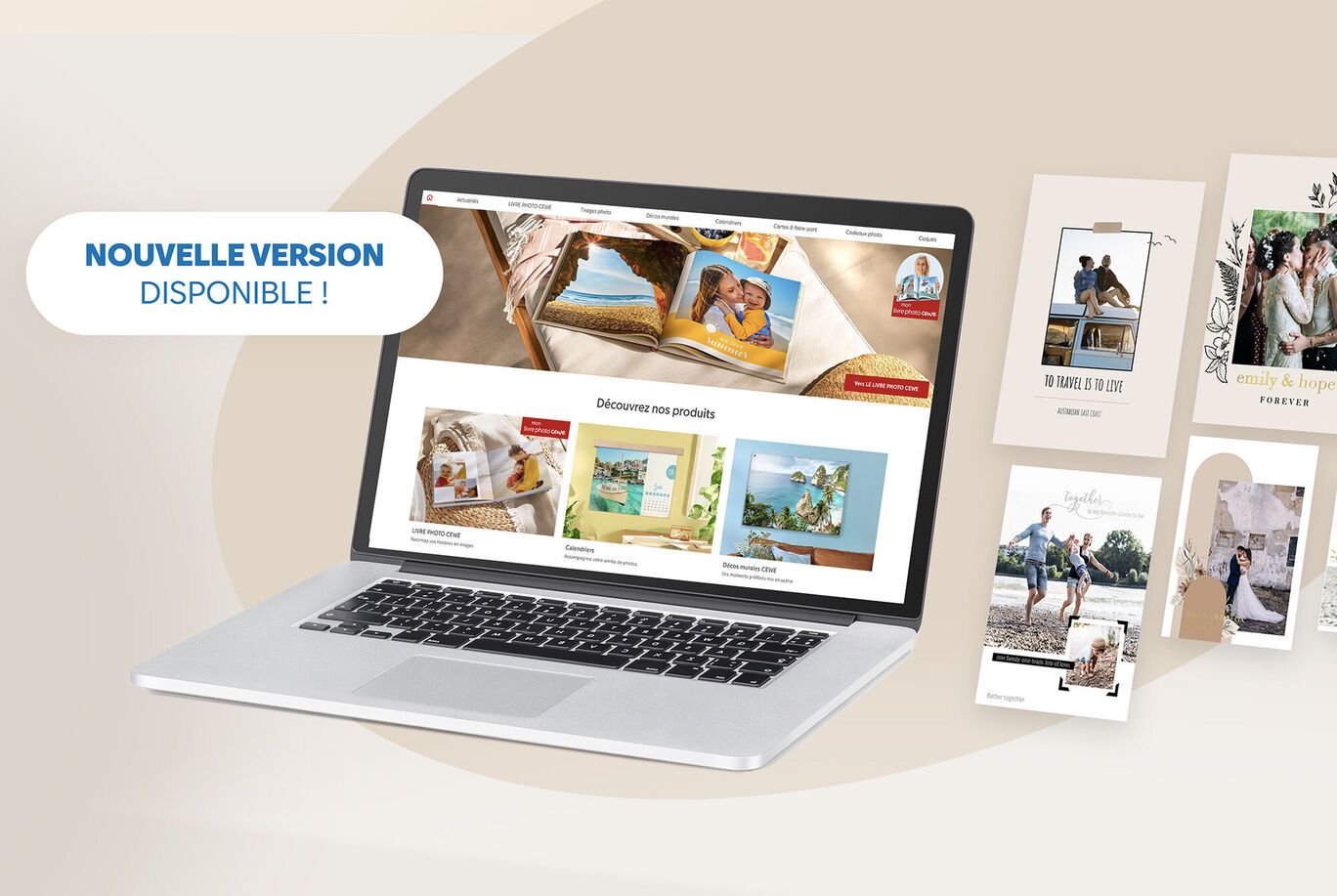 Portable montrant la nouvelle version des produits photo CEWE sur une page d'accueil.