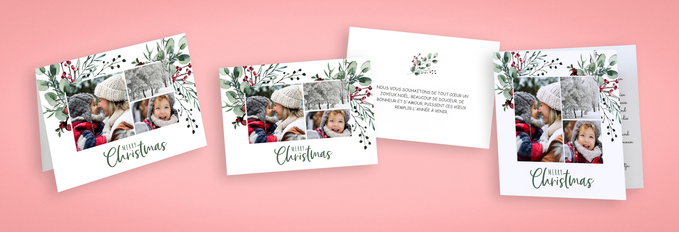 Trois cartes de vœux de Noël avec un père et un enfant heureux, entourés de plantes hivernales et flocons de neige