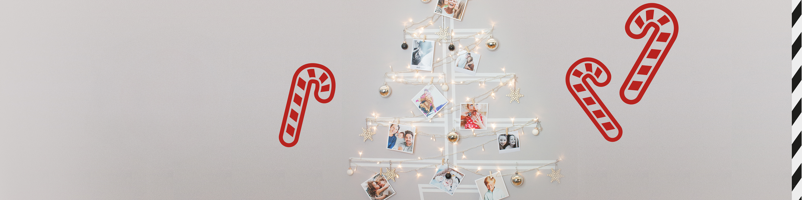 Un magnifique sapin de Noël en branches blanches avec des lumières brillantes et des photos de moments en famille.