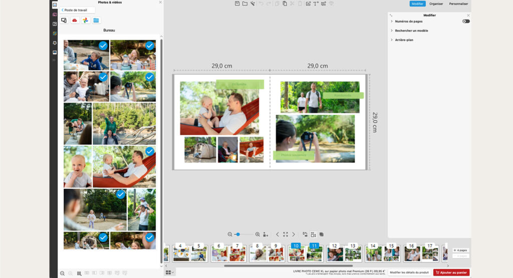 Outil en ligne de conception de livre photo affichant la mise en page et l’organisation des images