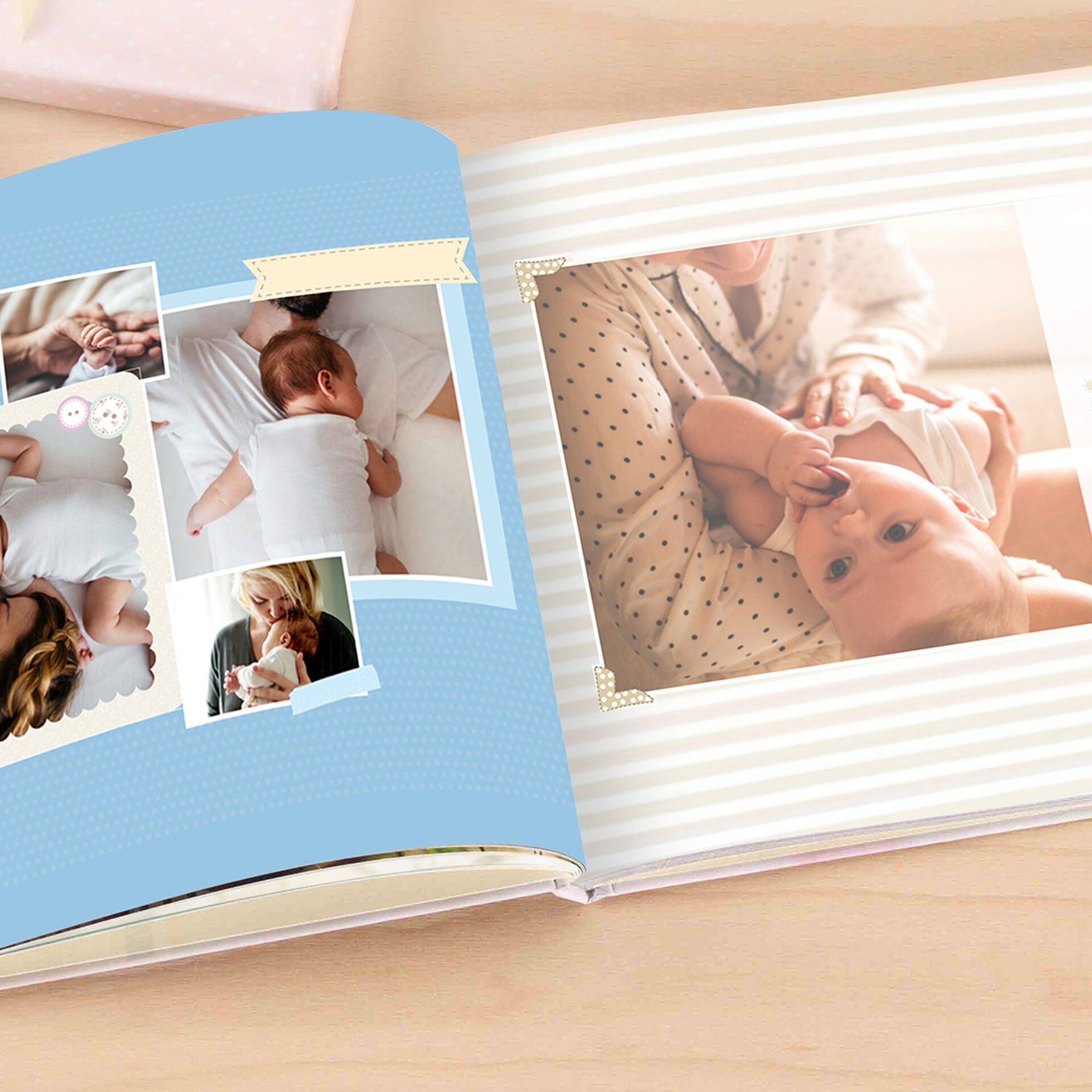 Un CEWE FOTOBUCH enchanteur avec des photos de bébé et des moments affectueux.