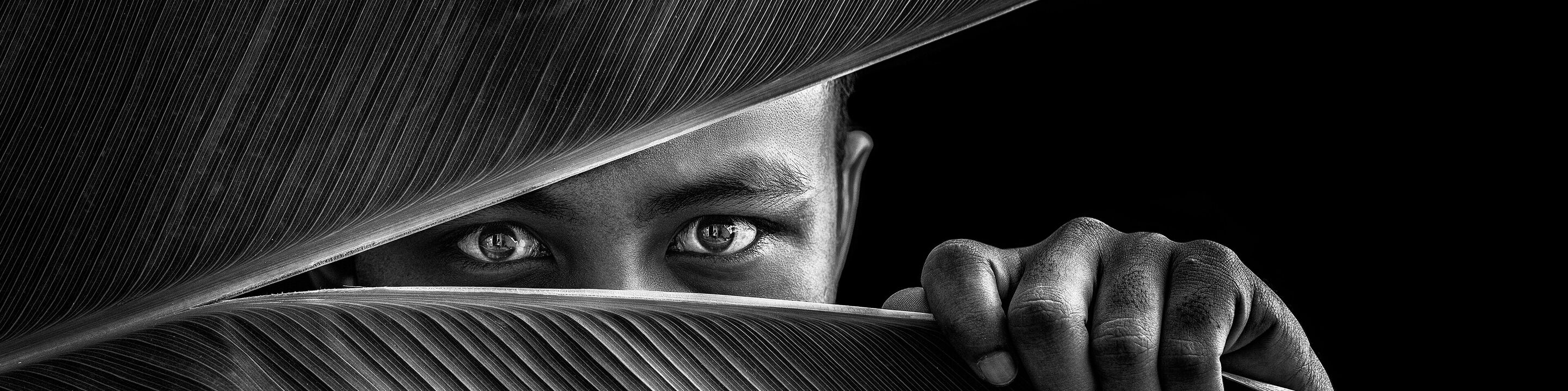 Une main derrière de grandes feuilles vertes.