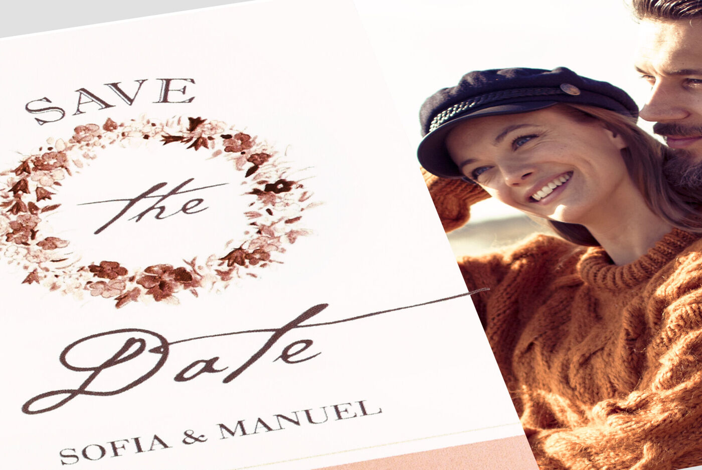 Un design créatif de carte "Save-the-Date" avec des éléments floraux. Le texte dit : "SAVE the Date Sofia & Manuel".