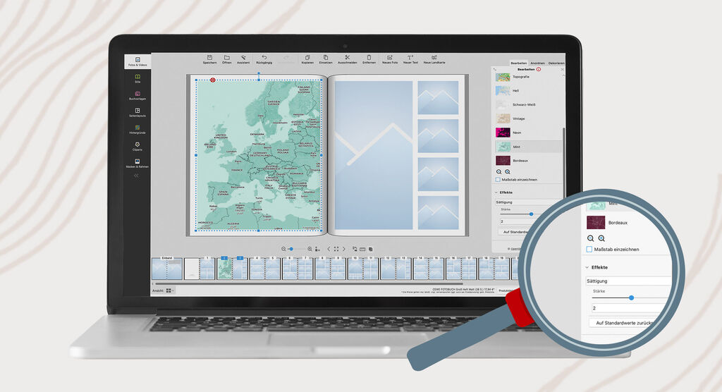 Capture d'écran d'un logiciel CEWE Fotobuch montrant une carte d'Europe et une zone de réglages mise en évidence.