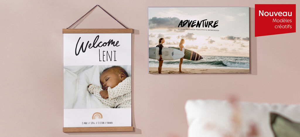 Beaux tableaux muraux avec les textes 'Bienvenue Leni' et 'Aventure' dans une pièce moderne