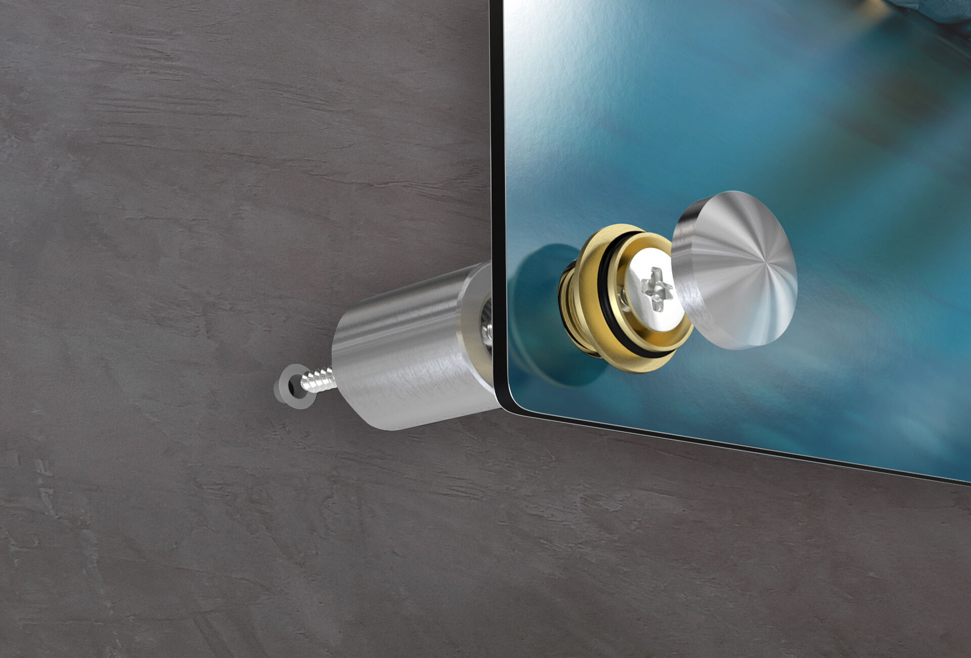 Gros plan sur un support mural solide pour une image en verre, utilisé dans une pièce moderne.