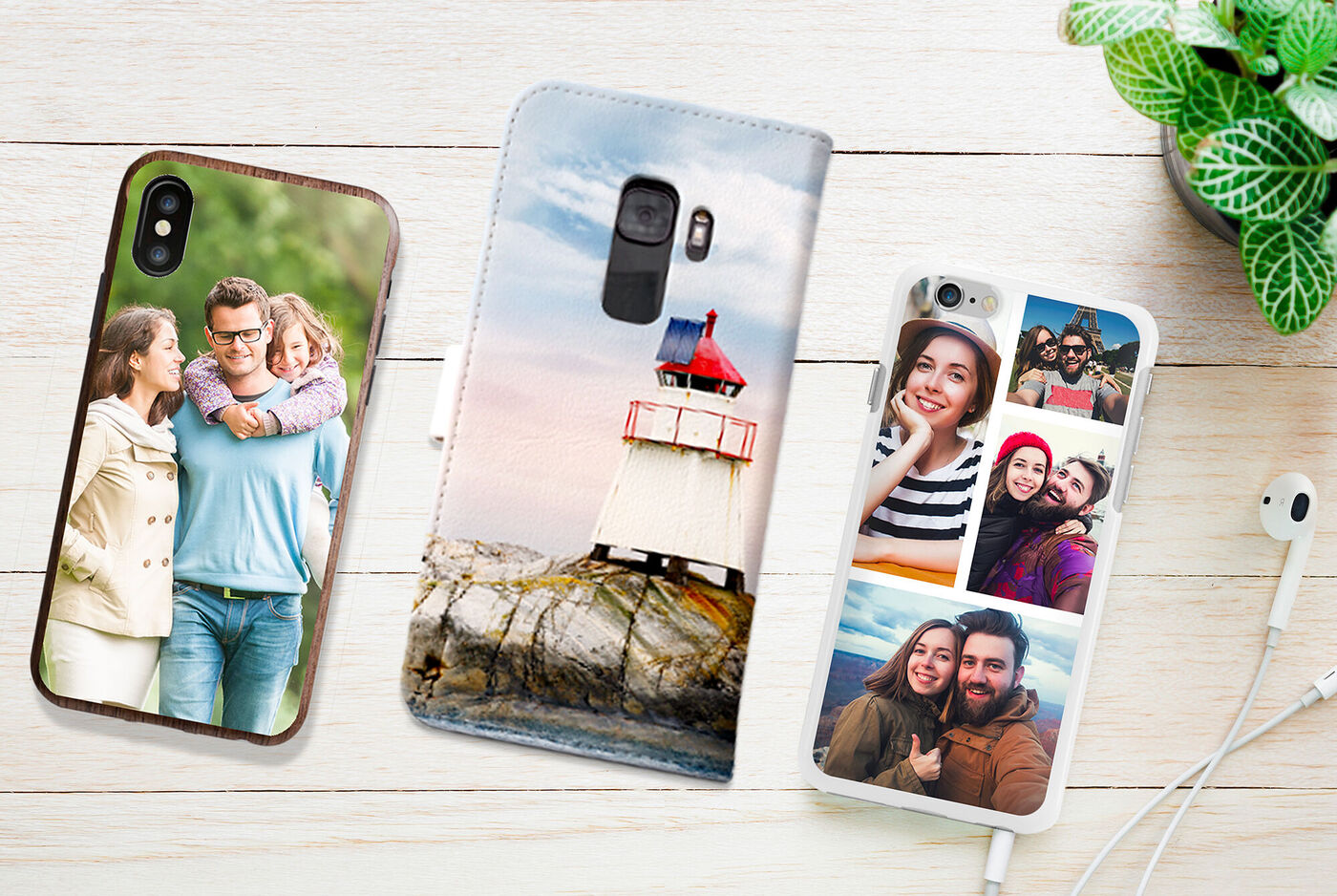 Coques pour smartphones conçues avec des photos personnelles, comme une famille heureuse et un phare.