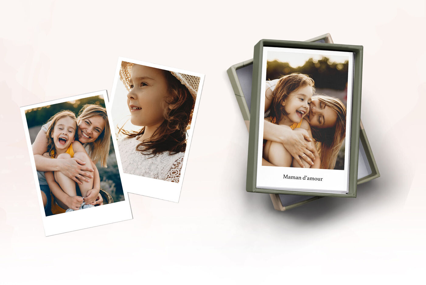 Deux photos Polaroid et un album photo avec une étreinte chaleureuse. Les images capturent des moments spéciaux.