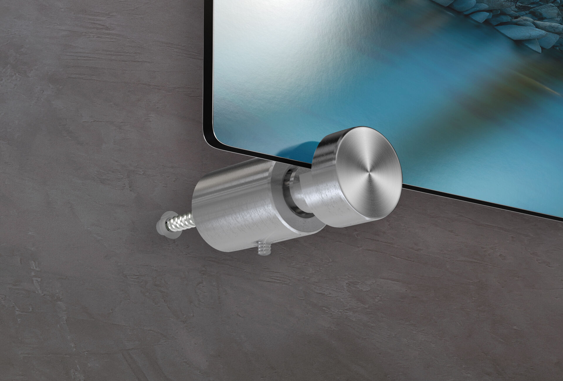 Support mural argenté pour une image murale sur un mur gris, adapté pour l'image murale CEWE.