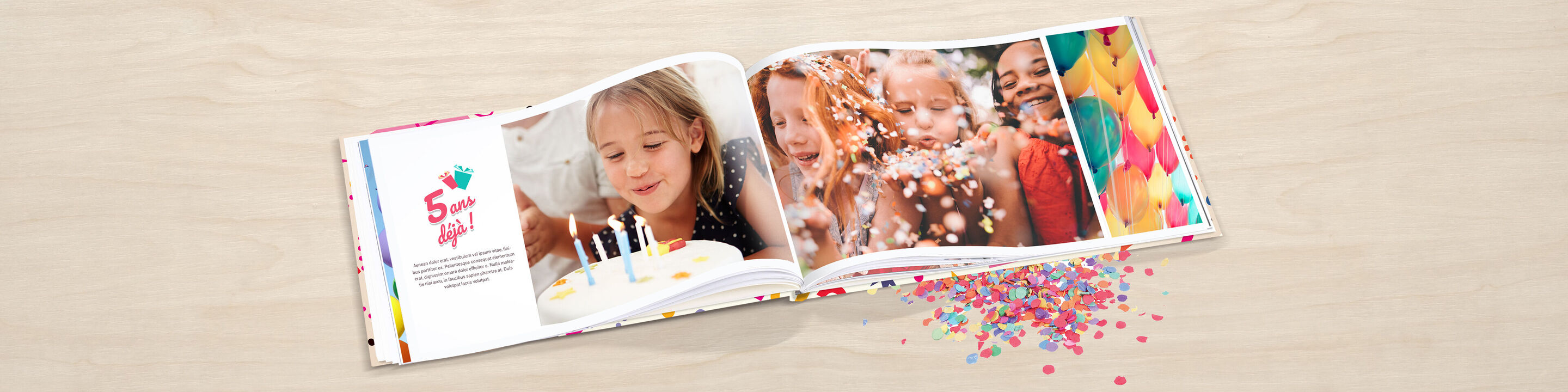 Un livre photo ouvert montre des enfants joyeux lors d'un anniversaire avec des confettis et un gâteau.