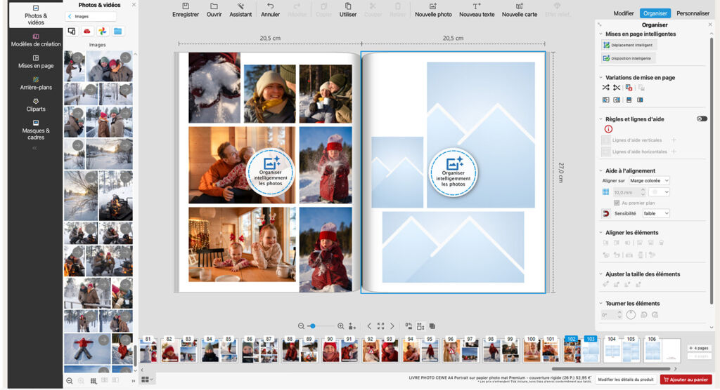Logiciel de création de livre photo affichant des options de mise en page intelligente et d’organisation des images