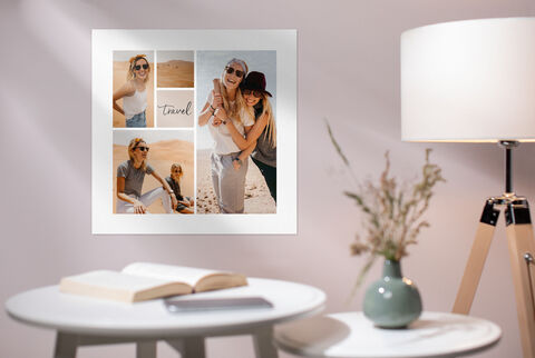 Image murale avec souvenirs de voyage, présentation créative d'images de gens à la plage et dans le désert.