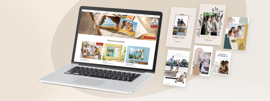 Un ordinateur portable montre le site de CEWE avec des produits photo et souvenirs.